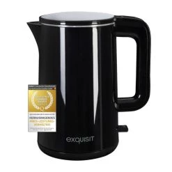 Bester Verkauf 🔔 Exquisit Wasserkocher WK 6103 SWI | 1,5 Liter Volumen | 360 Grad Sockel | 2200 Watt | Integrierter Filter | Automatische Abschaltung | Doppelwandig | Wasserstandsanzeige | Verdecktes Heizelement 🔔
