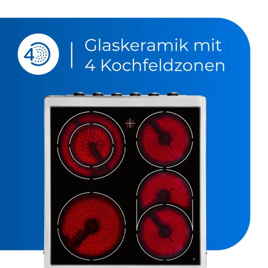 Großhandel 😍 Exquisit ECM 5-4 I BZ Elektro-Standherd Glaskeramik | 4 Kochstellen | Bräter-u. Zweikreiszone |Grill, Umluft | Inox 🤩 6 Großhandel 😍 Exquisit ECM 5-4 I BZ Elektro-Standherd Glaskeramik | 4 Kochstellen | Bräter-u. Zweikreiszone |Grill, Umluft | Inox 🤩 – Bild 4